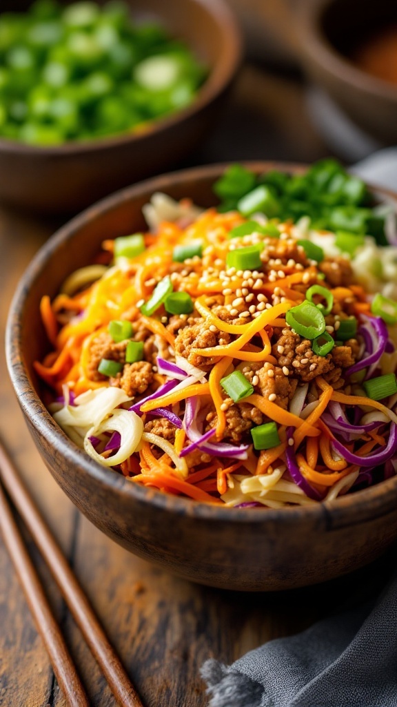 A bowl of Keto Egg Roll in a Bowl with ground pork, cabbage, and garnished with green onions and sesame seeds.